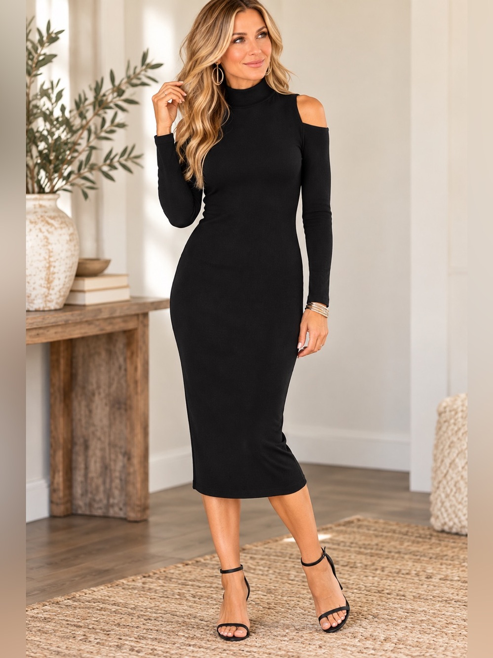 NWT Chico's Travelers Cold
Shoulder Black Midi Dress Size 0 Stretch Mock Neck